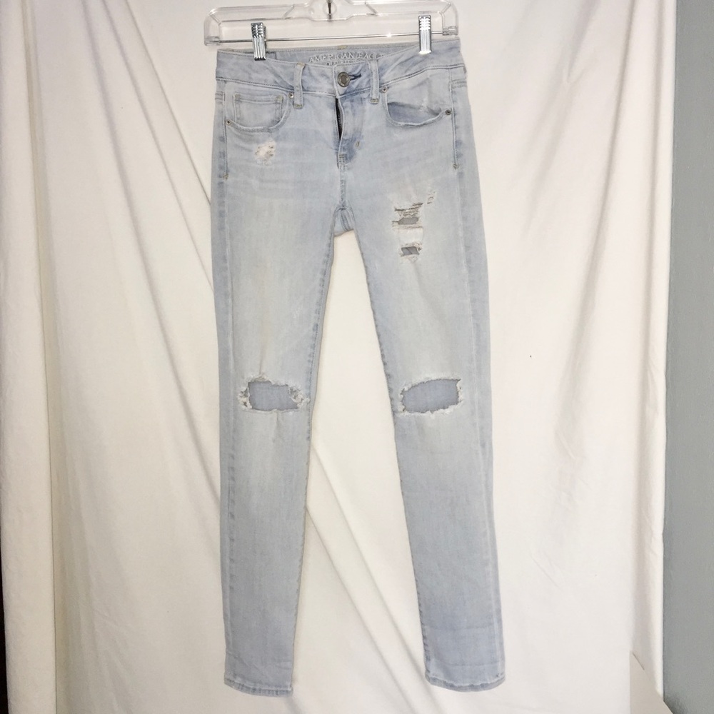 American Eagle superstretch washed denim, distressed, size 2